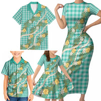 Aloha Puakenikeni Anthurium Pikake Lei Family Matching Short Sleeve Bodycon Dress and Hawaiian Shirt Marine Hawaiian Palaka Pattern LT9 - Polynesian Pride