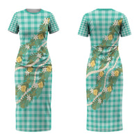 Aloha Puakenikeni Anthurium Pikake Lei Family Matching Short Sleeve Bodycon Dress and Hawaiian Shirt Marine Hawaiian Palaka Pattern LT9 Mom's Dress Marine - Polynesian Pride