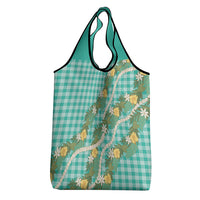 Aloha Puakenikeni Anthurium Pikake Lei Grocery Bag Marine Hawaiian Palaka Pattern