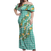Aloha Puakenikeni Anthurium Pikake Lei Off Shoulder Maxi Dress Marine Hawaiian Palaka Pattern