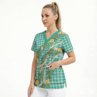 Aloha Puakenikeni Anthurium Pikake Lei Scrub Top Marine Hawaiian Palaka Pattern LT9 - Polynesian Pride
