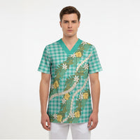 Aloha Puakenikeni Anthurium Pikake Lei Scrub Top Marine Hawaiian Palaka Pattern LT9 - Polynesian Pride