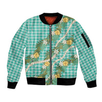 Aloha Puakenikeni Anthurium Pikake Lei Sleeve Zip Bomber Jacket Marine Hawaiian Palaka Pattern