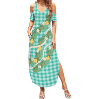 Aloha Puakenikeni Anthurium Pikake Lei Summer Maxi Dress Marine Hawaiian Palaka Pattern LT9 Women Marine - Polynesian Pride