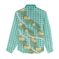 Aloha Puakenikeni Anthurium Pikake Lei Women Casual Shirt Marine Hawaiian Palaka Pattern