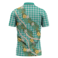 Aloha Puakenikeni Anthurium Pikake Lei Zipper Polo Shirt Marine Hawaiian Palaka Pattern