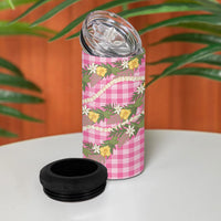 Aloha Puakenikeni Anthurium Pikake Lei 4 in 1 Can Cooler Tumbler Tropical Pink Hawaiian Palaka Pattern