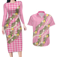 Aloha Puakenikeni Anthurium Pikake Lei Couples Matching Long Sleeve Bodycon Dress and Hawaiian Shirt Tropical Pink Hawaiian Palaka Pattern LT9 Pink - Polynesian Pride