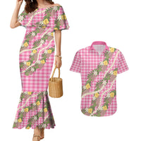 Aloha Puakenikeni Anthurium Pikake Lei Couples Matching Mermaid Dress and Hawaiian Shirt Tropical Pink Hawaiian Palaka Pattern LT9 Pink - Polynesian Pride