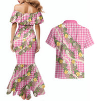 Aloha Puakenikeni Anthurium Pikake Lei Couples Matching Mermaid Dress and Hawaiian Shirt Tropical Pink Hawaiian Palaka Pattern LT9 - Polynesian Pride