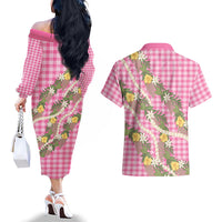 Aloha Puakenikeni Anthurium Pikake Lei Couples Matching Off The Shoulder Long Sleeve Dress and Hawaiian Shirt Tropical Pink Hawaiian Palaka Pattern LT9 - Polynesian Pride