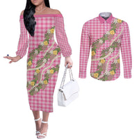 Aloha Puakenikeni Anthurium Pikake Lei Couples Matching Off The Shoulder Long Sleeve Dress and Long Sleeve Button Shirt Tropical Pink Hawaiian Palaka Pattern LT9 Pink - Polynesian Pride