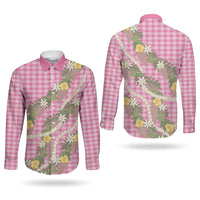Aloha Puakenikeni Anthurium Pikake Lei Couples Matching Off The Shoulder Long Sleeve Dress and Long Sleeve Button Shirt Tropical Pink Hawaiian Palaka Pattern LT9 - Polynesian Pride