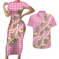 Aloha Puakenikeni Anthurium Pikake Lei Couples Matching Short Sleeve Bodycon Dress and Hawaiian Shirt Tropical Pink Hawaiian Palaka Pattern LT9 Pink - Polynesian Pride