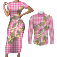 Aloha Puakenikeni Anthurium Pikake Lei Couples Matching Short Sleeve Bodycon Dress and Long Sleeve Button Shirt Tropical Pink Hawaiian Palaka Pattern LT9 Pink - Polynesian Pride