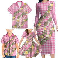 Aloha Puakenikeni Anthurium Pikake Lei Family Matching Long Sleeve Bodycon Dress and Hawaiian Shirt Tropical Pink Hawaiian Palaka Pattern LT9 - Polynesian Pride