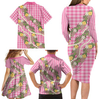 Aloha Puakenikeni Anthurium Pikake Lei Family Matching Long Sleeve Bodycon Dress and Hawaiian Shirt Tropical Pink Hawaiian Palaka Pattern LT9 Mom's Dress Pink - Polynesian Pride