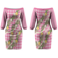 Aloha Puakenikeni Anthurium Pikake Lei Family Matching Off The Shoulder Long Sleeve Dress and Hawaiian Shirt Tropical Pink Hawaiian Palaka Pattern LT9 Mom's Dress Pink - Polynesian Pride