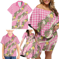 Aloha Puakenikeni Anthurium Pikake Lei Family Matching Off Shoulder Short Dress and Hawaiian Shirt Tropical Pink Hawaiian Palaka Pattern LT9 - Polynesian Pride