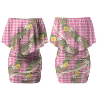 Aloha Puakenikeni Anthurium Pikake Lei Family Matching Off Shoulder Short Dress and Hawaiian Shirt Tropical Pink Hawaiian Palaka Pattern LT9 Mom's Dress Pink - Polynesian Pride