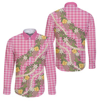 Aloha Puakenikeni Anthurium Pikake Lei Family Matching Off Shoulder Short Dress and Hawaiian Shirt Tropical Pink Hawaiian Palaka Pattern LT9 Dad's Shirt - Long Sleeve Pink - Polynesian Pride