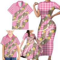 Aloha Puakenikeni Anthurium Pikake Lei Family Matching Short Sleeve Bodycon Dress and Hawaiian Shirt Tropical Pink Hawaiian Palaka Pattern LT9 - Polynesian Pride