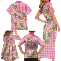 Aloha Puakenikeni Anthurium Pikake Lei Family Matching Short Sleeve Bodycon Dress and Hawaiian Shirt Tropical Pink Hawaiian Palaka Pattern