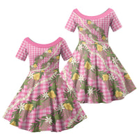 Aloha Puakenikeni Anthurium Pikake Lei Family Matching Summer Maxi Dress and Hawaiian Shirt Tropical Pink Hawaiian Palaka Pattern LT9 Daughter's Dress Pink - Polynesian Pride