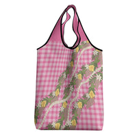 Aloha Puakenikeni Anthurium Pikake Lei Grocery Bag Tropical Pink Hawaiian Palaka Pattern