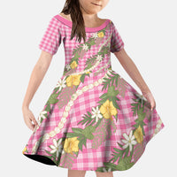 Aloha Puakenikeni Anthurium Pikake Lei Kid Short Sleeve Dress Tropical Pink Hawaiian Palaka Pattern LT9 KID Pink - Polynesian Pride