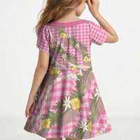 Aloha Puakenikeni Anthurium Pikake Lei Kid Short Sleeve Dress Tropical Pink Hawaiian Palaka Pattern LT9 - Polynesian Pride