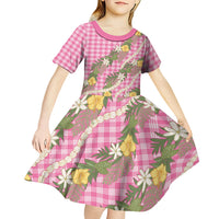 Aloha Puakenikeni Anthurium Pikake Lei Kid Short Sleeve Dress Tropical Pink Hawaiian Palaka Pattern LT9 - Polynesian Pride
