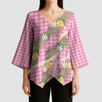 Aloha Puakenikeni Anthurium Pikake Lei Kimono Sleeve Blouse Tropical Pink Hawaiian Palaka Pattern