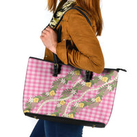 Aloha Puakenikeni Anthurium Pikake Lei Leather Tote Bag Tropical Pink Hawaiian Palaka Pattern