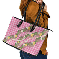 Aloha Puakenikeni Anthurium Pikake Lei Leather Tote Bag Tropical Pink Hawaiian Palaka Pattern