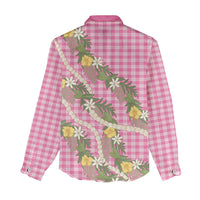 Aloha Puakenikeni Anthurium Pikake Lei Women Casual Shirt Tropical Pink Hawaiian Palaka Pattern