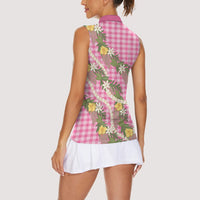 Aloha Puakenikeni Anthurium Pikake Lei Women Sleeveless Polo Shirt Tropical Pink Hawaiian Palaka Pattern