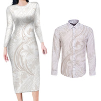 Hawaii Plumeria Lokelani Pikake Lei Couples Matching Long Sleeve Bodycon Dress and Long Sleeve Button Shirt Sandy Beige Polynesian Tattoo LT9 Beige - Polynesian Pride