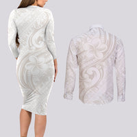Hawaii Plumeria Lokelani Pikake Lei Couples Matching Long Sleeve Bodycon Dress and Long Sleeve Button Shirt Sandy Beige Polynesian Tattoo LT9 - Polynesian Pride