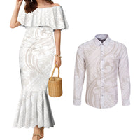 Hawaii Plumeria Lokelani Pikake Lei Couples Matching Mermaid Dress and Long Sleeve Button Shirt Sandy Beige Polynesian Tattoo LT9 Beige - Polynesian Pride