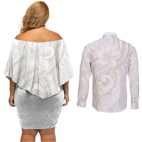 Hawaii Plumeria Lokelani Pikake Lei Couples Matching Off Shoulder Short Dress and Long Sleeve Button Shirt Sandy Beige Polynesian Tattoo
