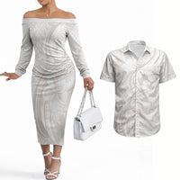 Hawaii Plumeria Lokelani Pikake Lei Couples Matching Off The Shoulder Long Sleeve Dress and Hawaiian Shirt Sandy Beige Polynesian Tattoo LT9 Beige - Polynesian Pride