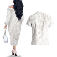 Hawaii Plumeria Lokelani Pikake Lei Couples Matching Off The Shoulder Long Sleeve Dress and Hawaiian Shirt Sandy Beige Polynesian Tattoo LT9 - Polynesian Pride