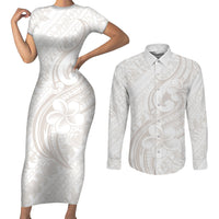 Hawaii Plumeria Lokelani Pikake Lei Couples Matching Short Sleeve Bodycon Dress and Long Sleeve Button Shirt Sandy Beige Polynesian Tattoo LT9 Beige - Polynesian Pride