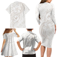 Hawaii Plumeria Lokelani Pikake Lei Family Matching Long Sleeve Bodycon Dress and Hawaiian Shirt Sandy Beige Polynesian Tattoo