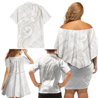 Hawaii Plumeria Lokelani Pikake Lei Family Matching Off Shoulder Short Dress and Hawaiian Shirt Sandy Beige Polynesian Tattoo