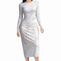 Hawaii Plumeria Lokelani Pikake Lei Long Sleeve Bodycon Dress Sandy Beige Polynesian Tattoo LT9 Long Dress Beige - Polynesian Pride