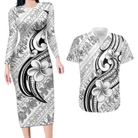 Hawaii Plumeria Lokelani Pikake Lei Couples Matching Long Sleeve Bodycon Dress and Hawaiian Shirt Ele'ele Polynesian Tattoo LT9 Black - Polynesian Pride