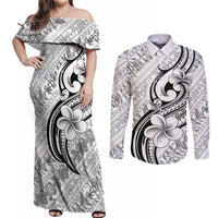 Hawaii Plumeria Lokelani Pikake Lei Couples Matching Off Shoulder Maxi Dress and Long Sleeve Button Shirt Ele'ele Polynesian Tattoo