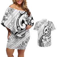 Hawaii Plumeria Lokelani Pikake Lei Couples Matching Off Shoulder Short Dress and Hawaiian Shirt Ele'ele Polynesian Tattoo